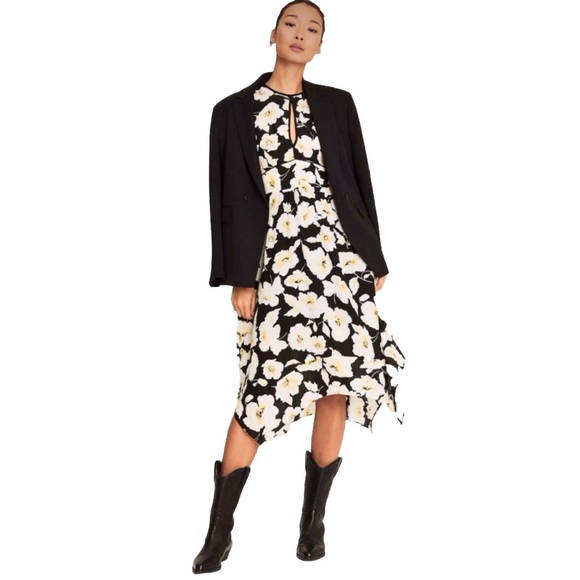 BA&SH black white yellow Robe Fairy floral print midi dress - Picture 5 of 13